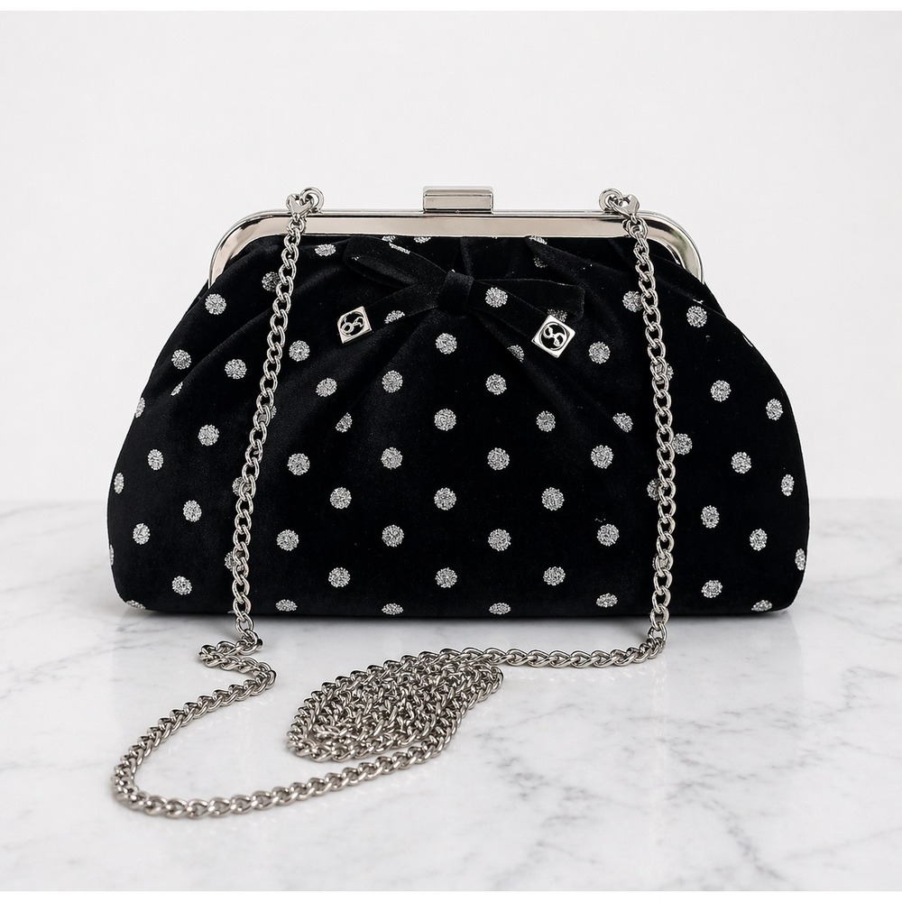 Sam & Libby New Brandi Velvet Black Polka Dot Bow Hobo Chain Crossbody Clutch